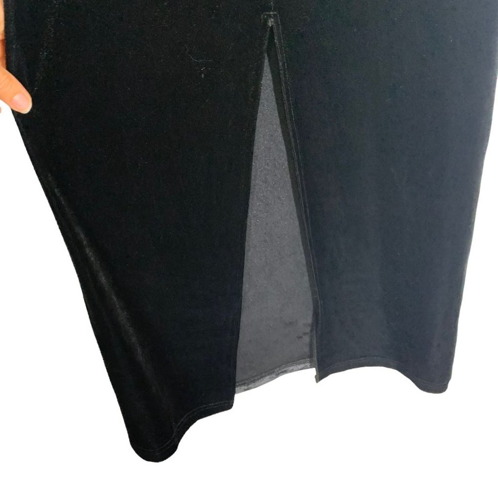 Vintage 90s Black Sleeveless Sweetheart Neck Mesh Velvet Full Length Dress Small - Picture 3 of 7